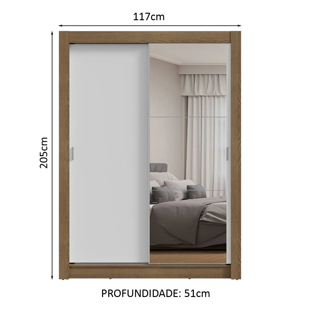 Guarda-Roupa Solteiro 2 Portas de Correr com Espelho Rustic/Branco Milano Madesa - Image 3