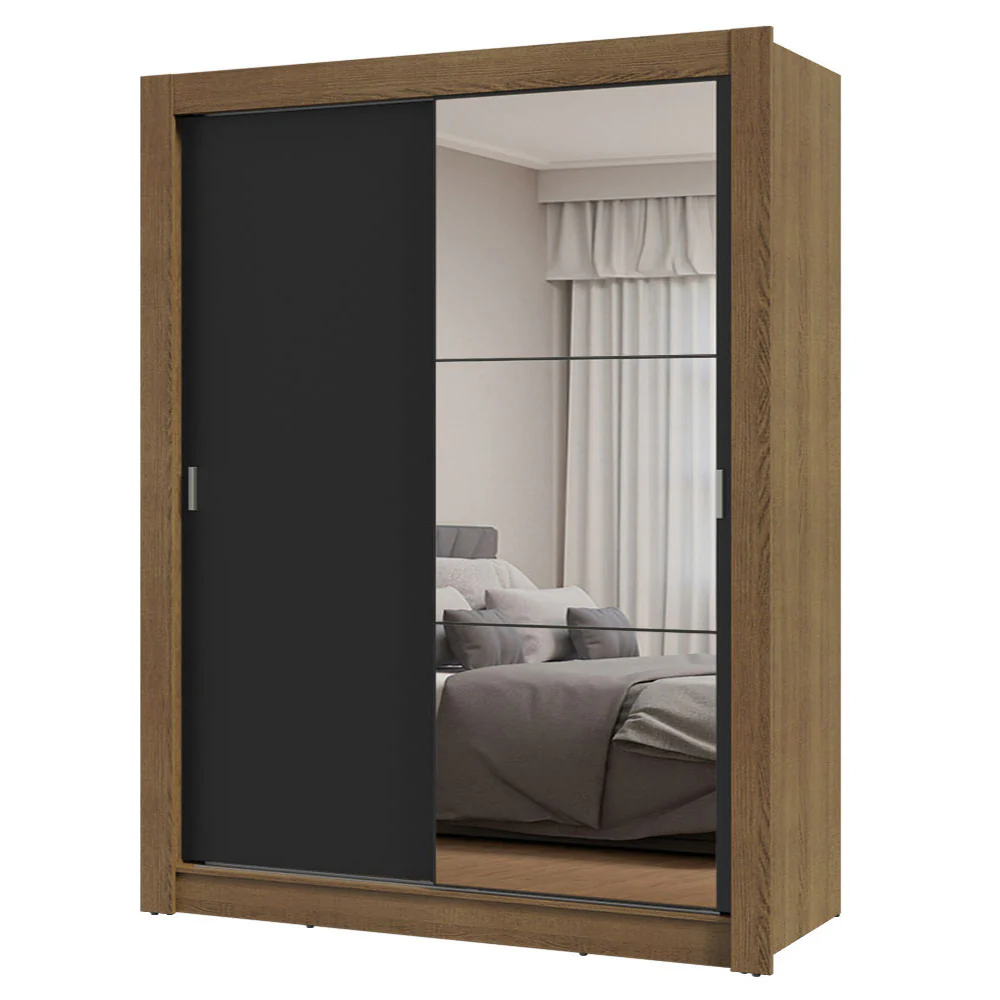 Guarda-Roupa Solteiro 2 Portas de Correr com Espelho Rustic/Preto Milano Madesa - Image 2