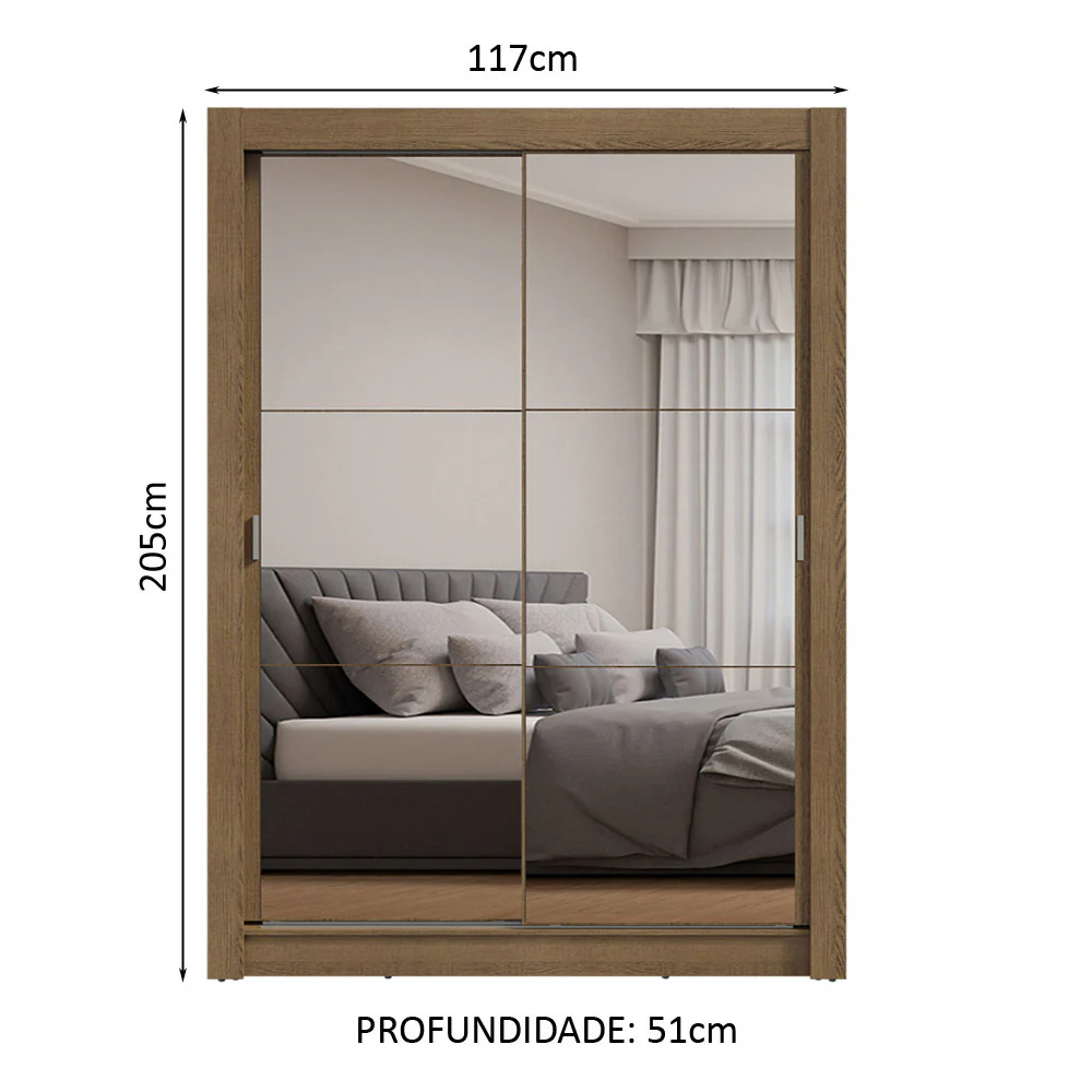 Guarda-Roupa Solteiro 2 Portas de Correr com Espelhos Rustic Milano Madesa - Image 3
