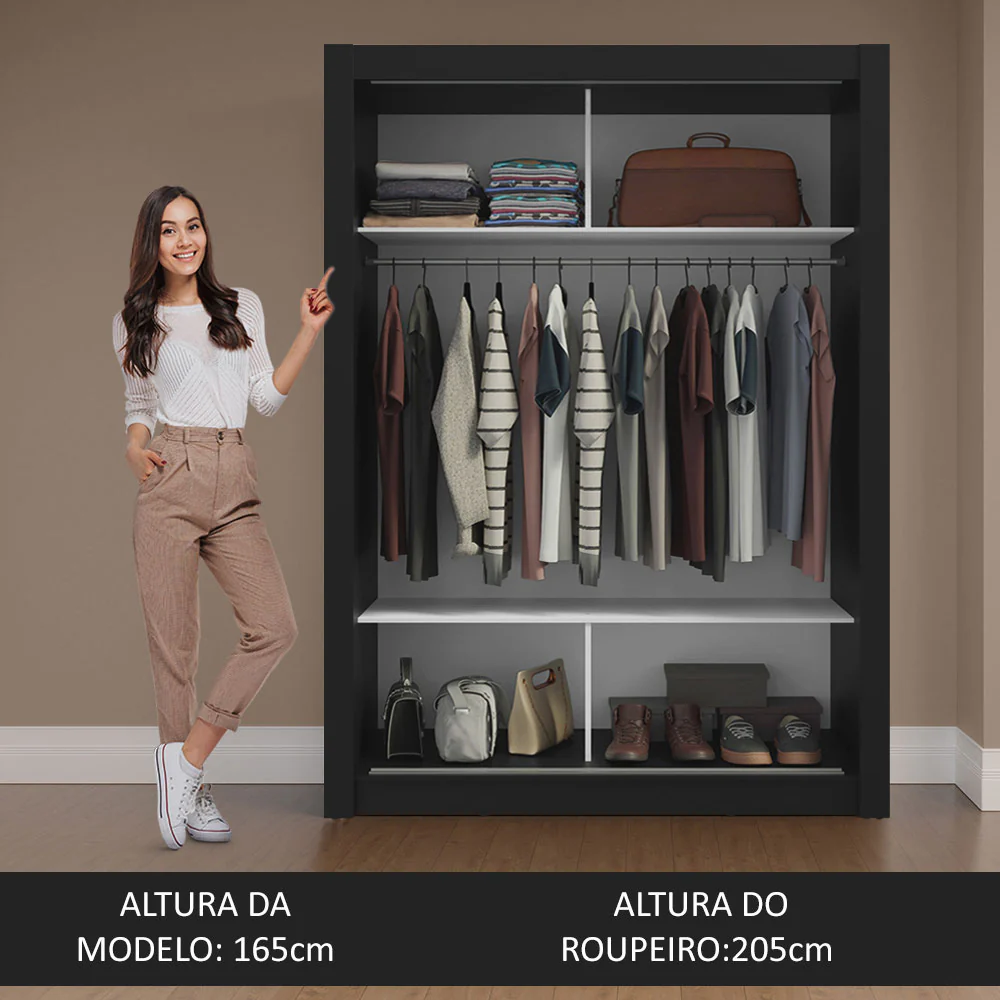 Guarda-Roupa Solteiro 2 Portas de Correr Preto/Rustic Milano Madesa - Image 5