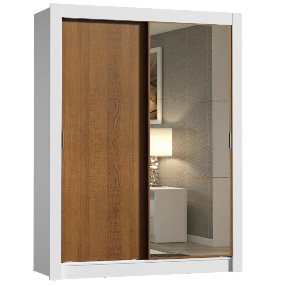Guarda-Roupa Solteiro Madesa Dallas 2 Portas de Correr com Espelho 2 Gavetas Branco/Rustic - Image 2