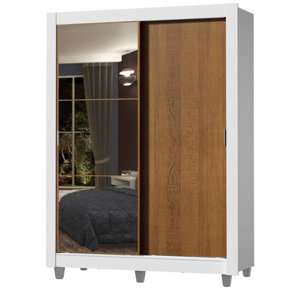 Guarda-Roupa Solteiro Madesa Dallas 2 Portas de Correr com Espelho 2 Gavetas com Pés Branco/Rustic - Image 2