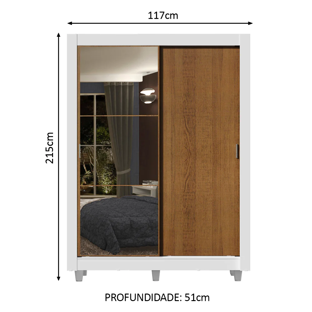 Guarda-Roupa Solteiro Madesa Dallas 2 Portas de Correr com Espelho 2 Gavetas com Pés Branco/Rustic - Image 3