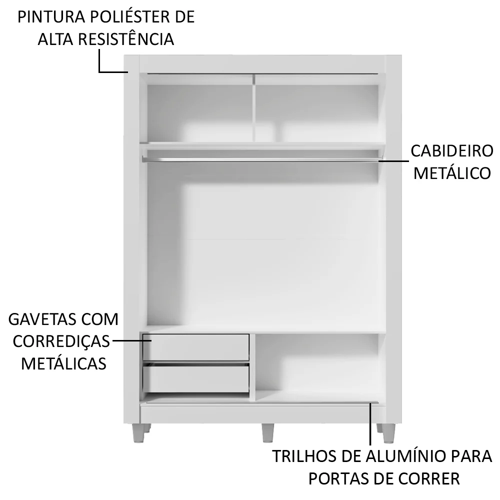 Guarda-Roupa Solteiro Madesa Dallas 2 Portas de Correr com Espelho 2 Gavetas com Pés Branco/Rustic - Image 5