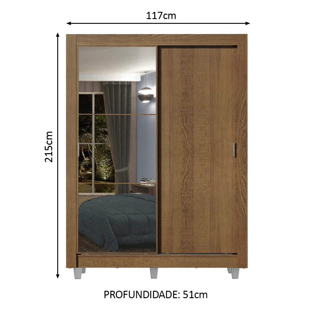 Guarda-Roupa Solteiro Madesa Dallas 2 Portas de Correr com Espelho 2 Gavetas com Pés Rustic - Image 3