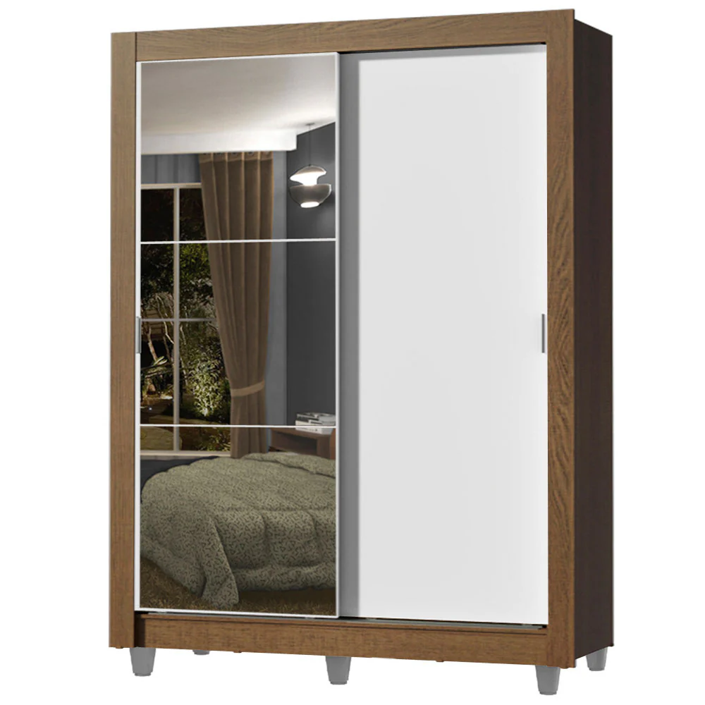 Guarda-Roupa Solteiro Madesa Dallas 2 Portas de Correr com Espelho 2 Gavetas com Pés Rustic/Branco - Image 2