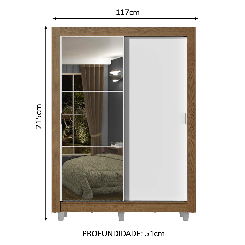Guarda-Roupa Solteiro Madesa Dallas 2 Portas de Correr com Espelho 2 Gavetas com Pés Rustic/Branco - Image 3