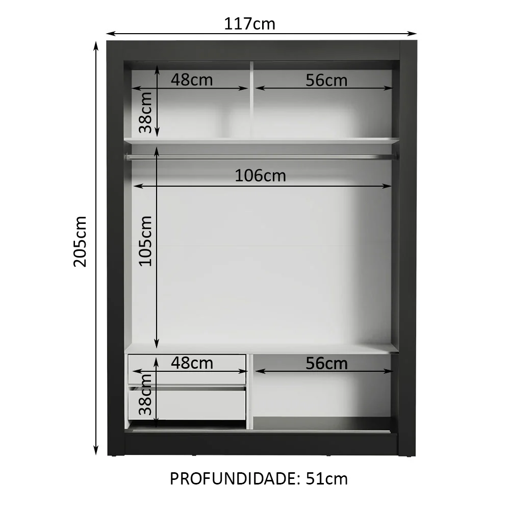 Guarda-Roupa Solteiro Madesa Dallas 2 Portas de Correr com Espelho 2 Gavetas Preto - Image 4