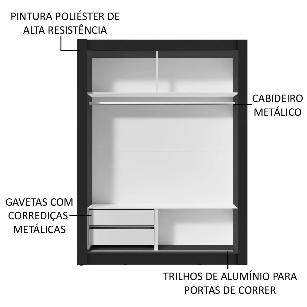 Guarda-Roupa Solteiro Madesa Dallas 2 Portas de Correr com Espelho 2 Gavetas Preto/Branco - Image 6