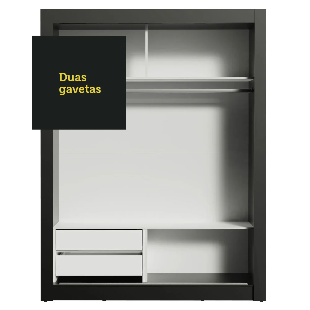 Guarda-Roupa Solteiro Madesa Dallas 2 Portas de Correr com Espelho 2 Gavetas Preto/Branco - Image 8