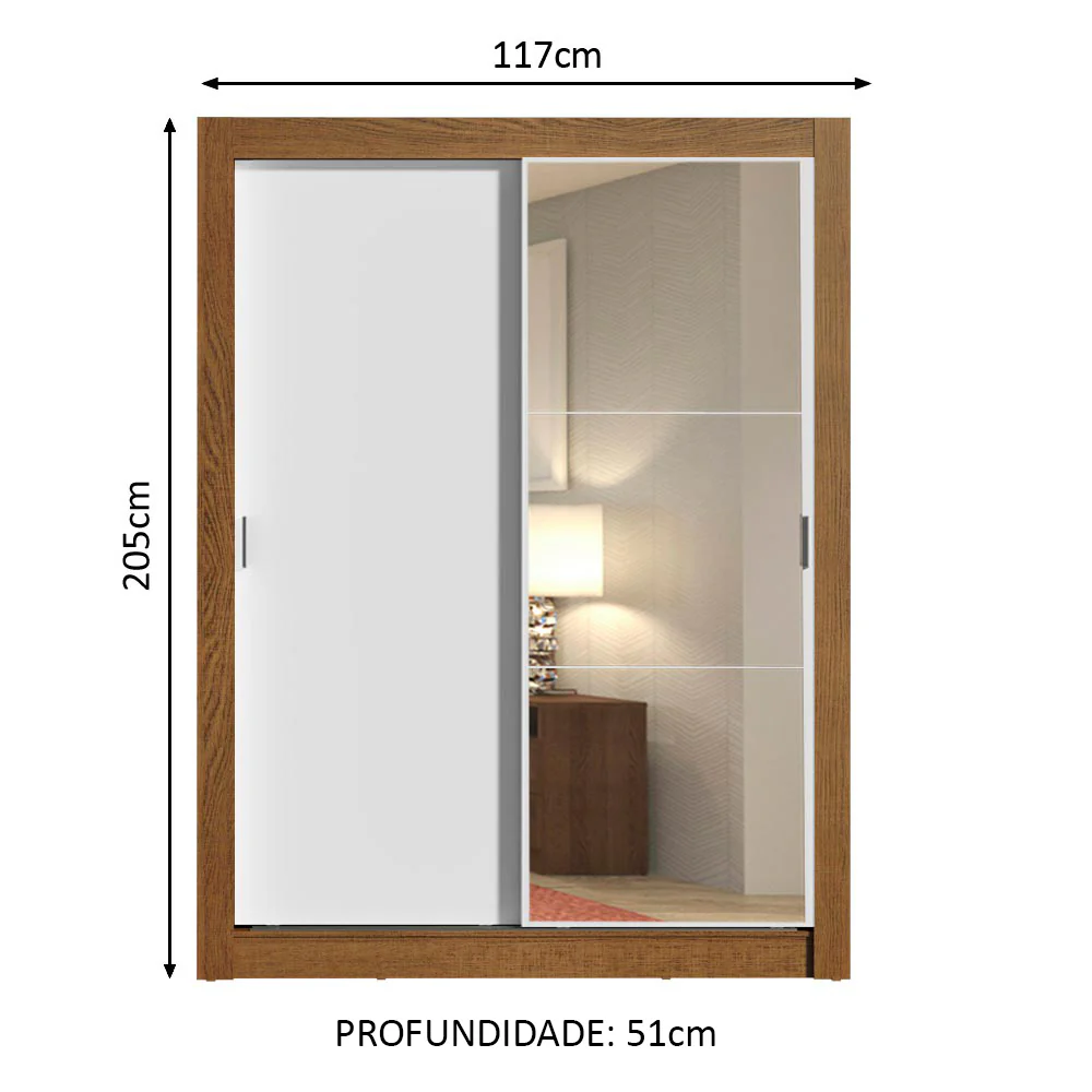 Guarda-Roupa Solteiro Madesa Dallas 2 Portas de Correr com Espelho 2 Gavetas Rustic/Branco - Image 3