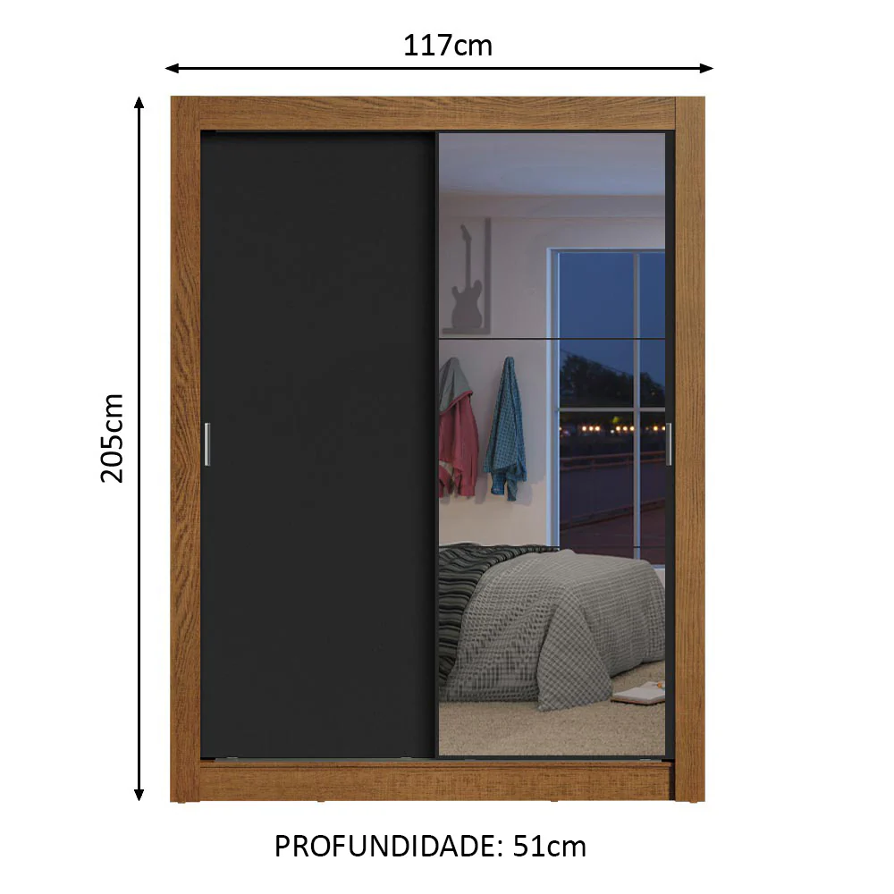 Guarda-Roupa Solteiro Madesa Dallas 2 Portas de Correr com Espelho 2 Gavetas Rustic/Preto - Image 3