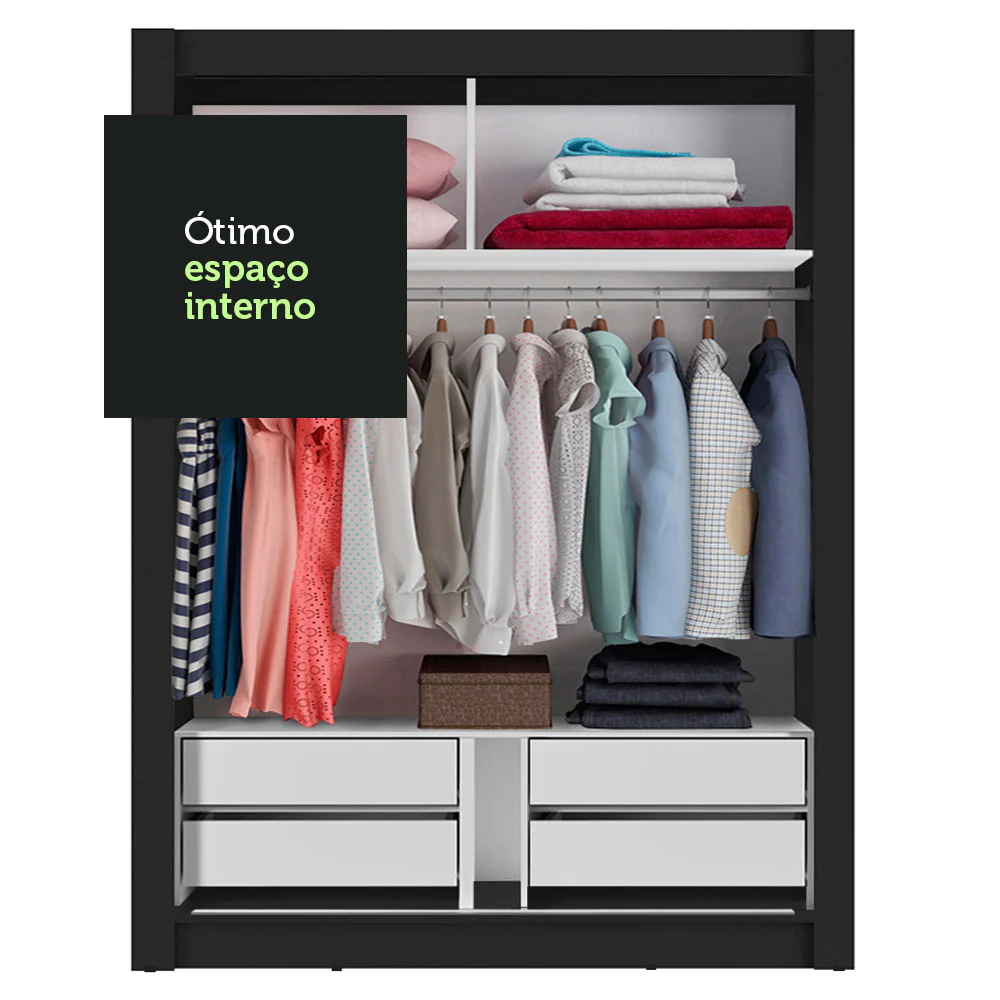 Guarda-Roupa Solteiro Madesa Dallas Plus 2 Portas de Correr 4 Gavetas Preto/Branco - Image 7