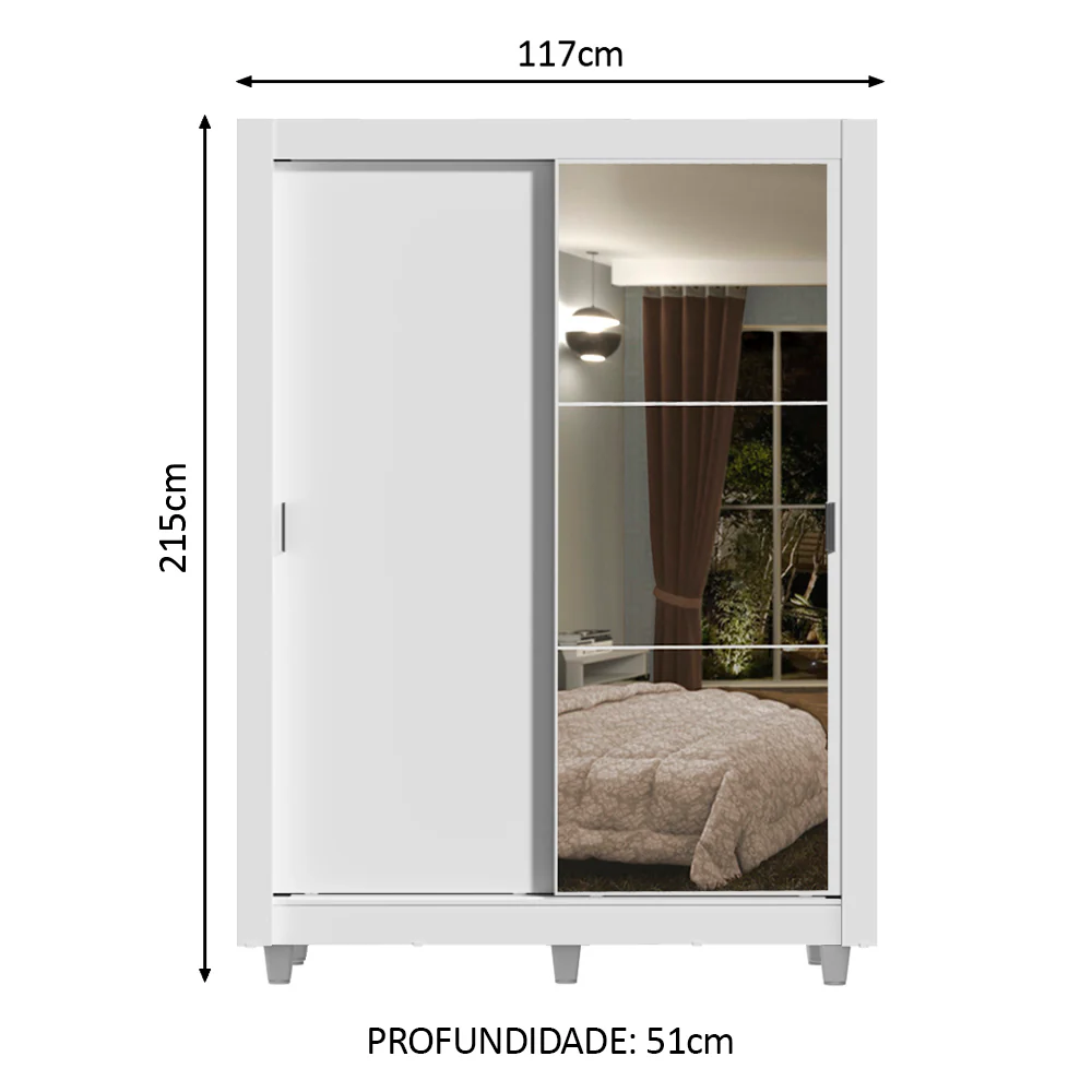 Guarda-Roupa Solteiro Madesa Dallas Plus 2 Portas de Correr com Espelho 4 Gavetas com Pés Branco - Image 2