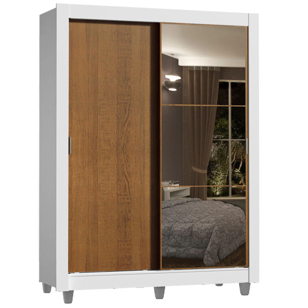Guarda-Roupa Solteiro Madesa Dallas Plus 2 Portas de Correr com Espelho 4 Gavetas com Pés Branco/Rustic - Image 2