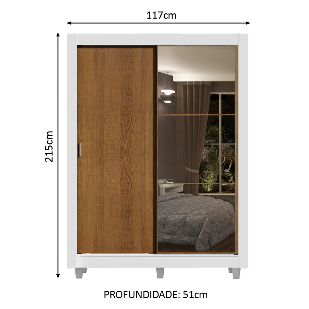 Guarda-Roupa Solteiro Madesa Dallas Plus 2 Portas de Correr com Espelho 4 Gavetas com Pés Branco/Rustic - Image 3