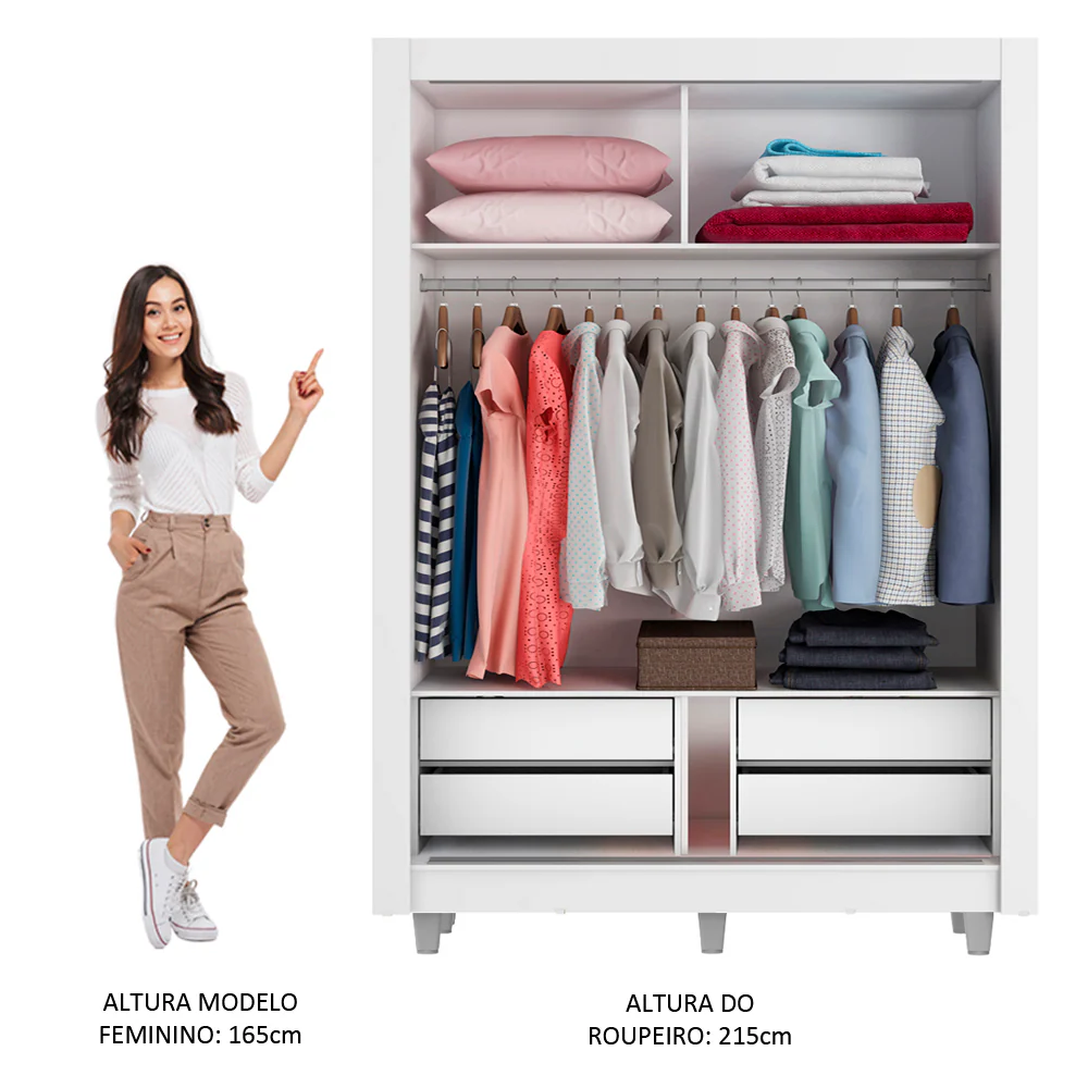 Guarda-Roupa Solteiro Madesa Dallas Plus 2 Portas de Correr com Espelho 4 Gavetas com Pés Branco/Rustic - Image 4