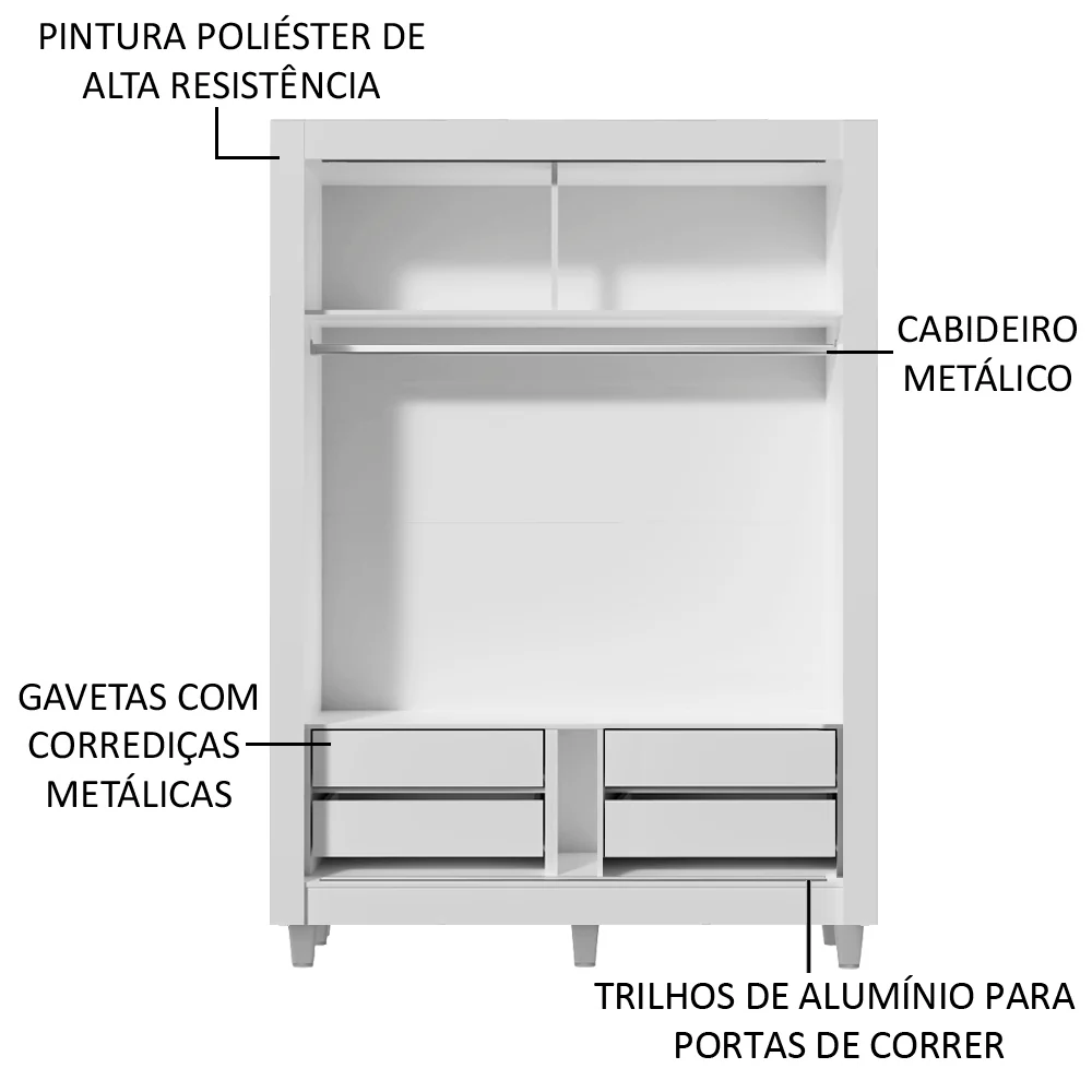 Guarda-Roupa Solteiro Madesa Dallas Plus 2 Portas de Correr com Espelho 4 Gavetas com Pés Branco/Rustic - Image 5