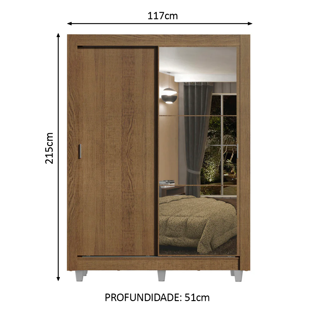 Guarda-Roupa Solteiro Madesa Dallas Plus 2 Portas de Correr com Espelho 4 Gavetas com Pés Rustic - Image 2