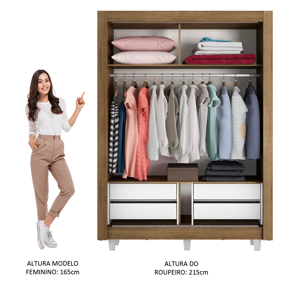 Guarda-Roupa Solteiro Madesa Dallas Plus 2 Portas de Correr com Espelho 4 Gavetas com Pés Rustic - Image 3