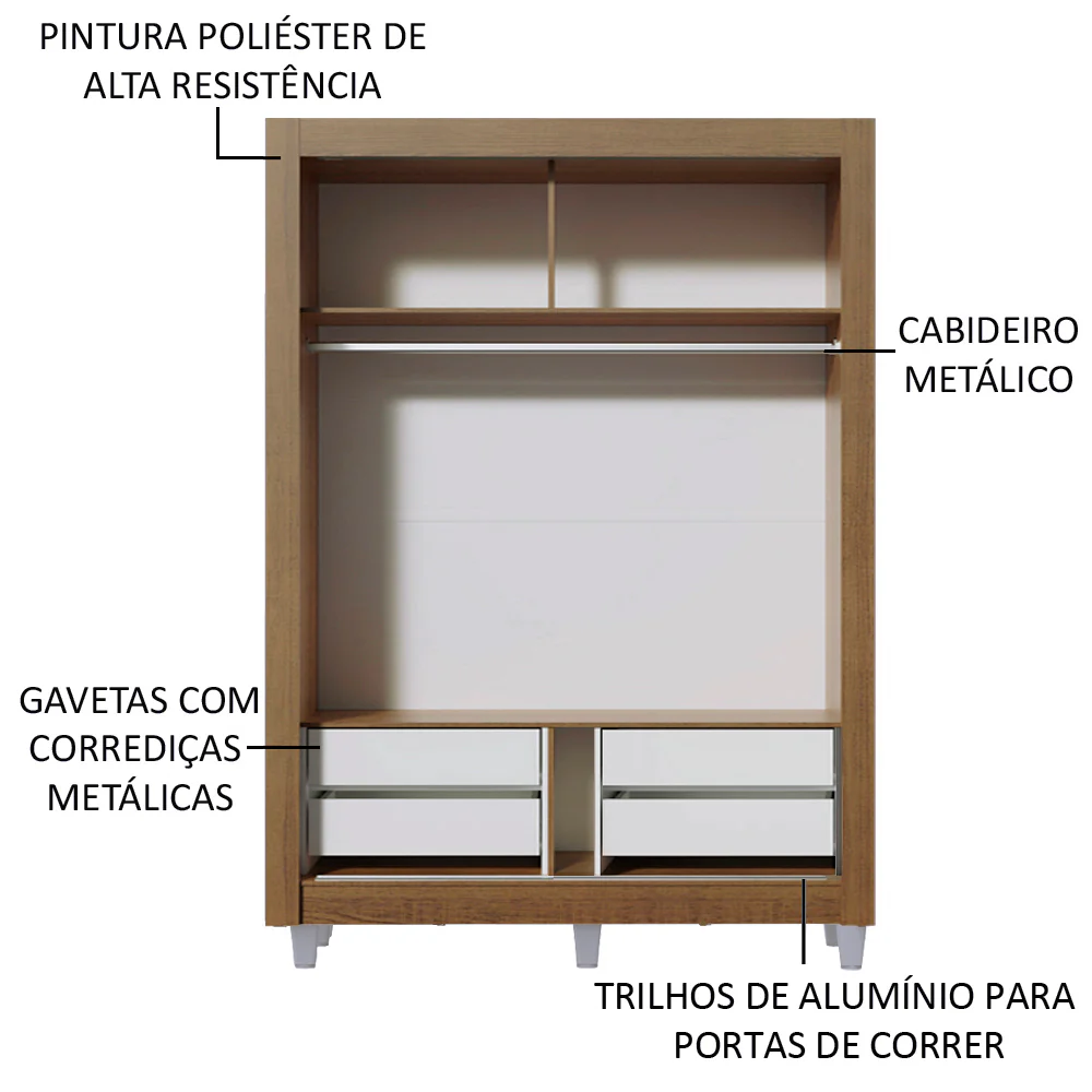Guarda-Roupa Solteiro Madesa Dallas Plus 2 Portas de Correr com Espelho 4 Gavetas com Pés Rustic - Image 4