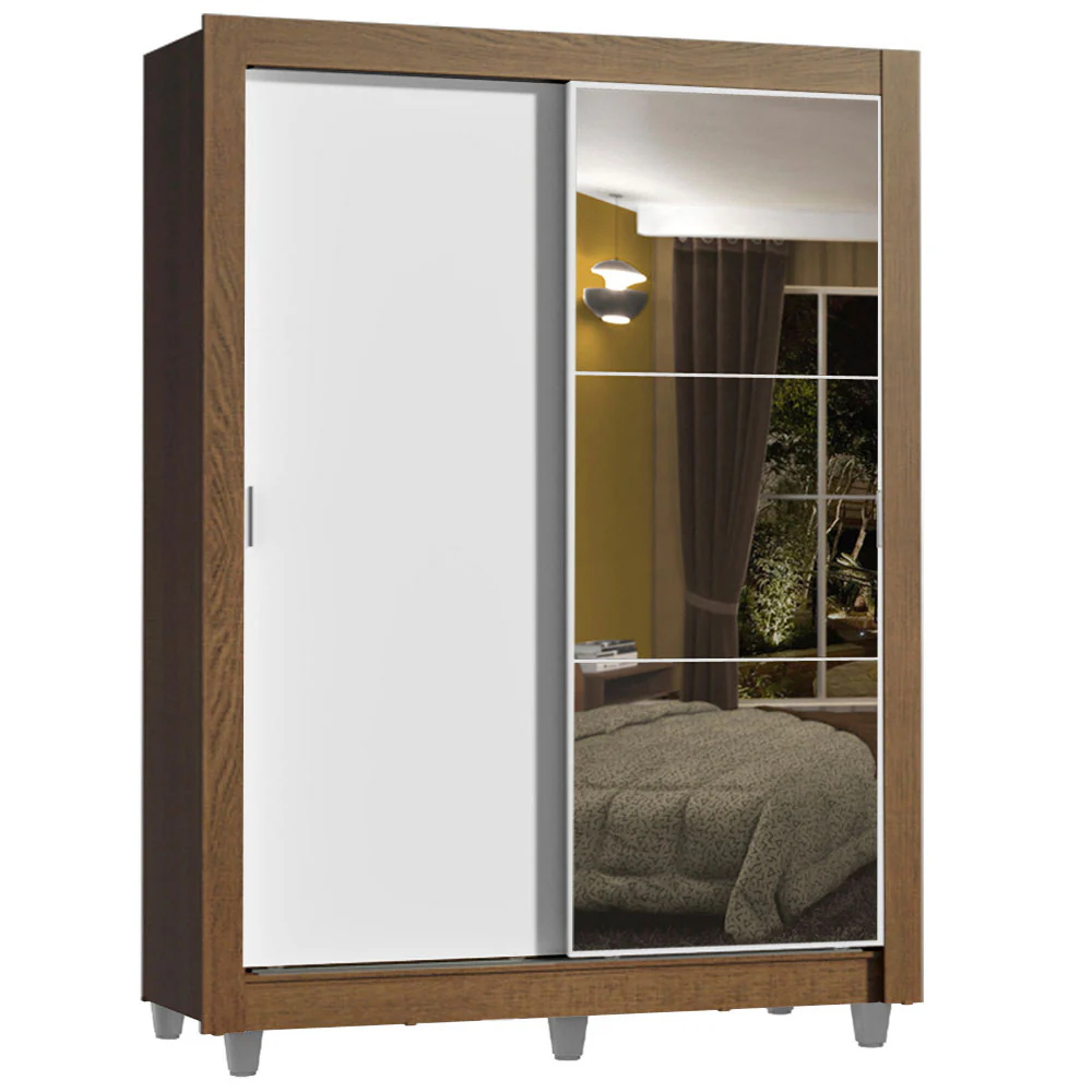 Guarda-Roupa Solteiro Madesa Dallas Plus 2 Portas de Correr com Espelho 4 Gavetas com Pés Rustic/Branco - Image 2