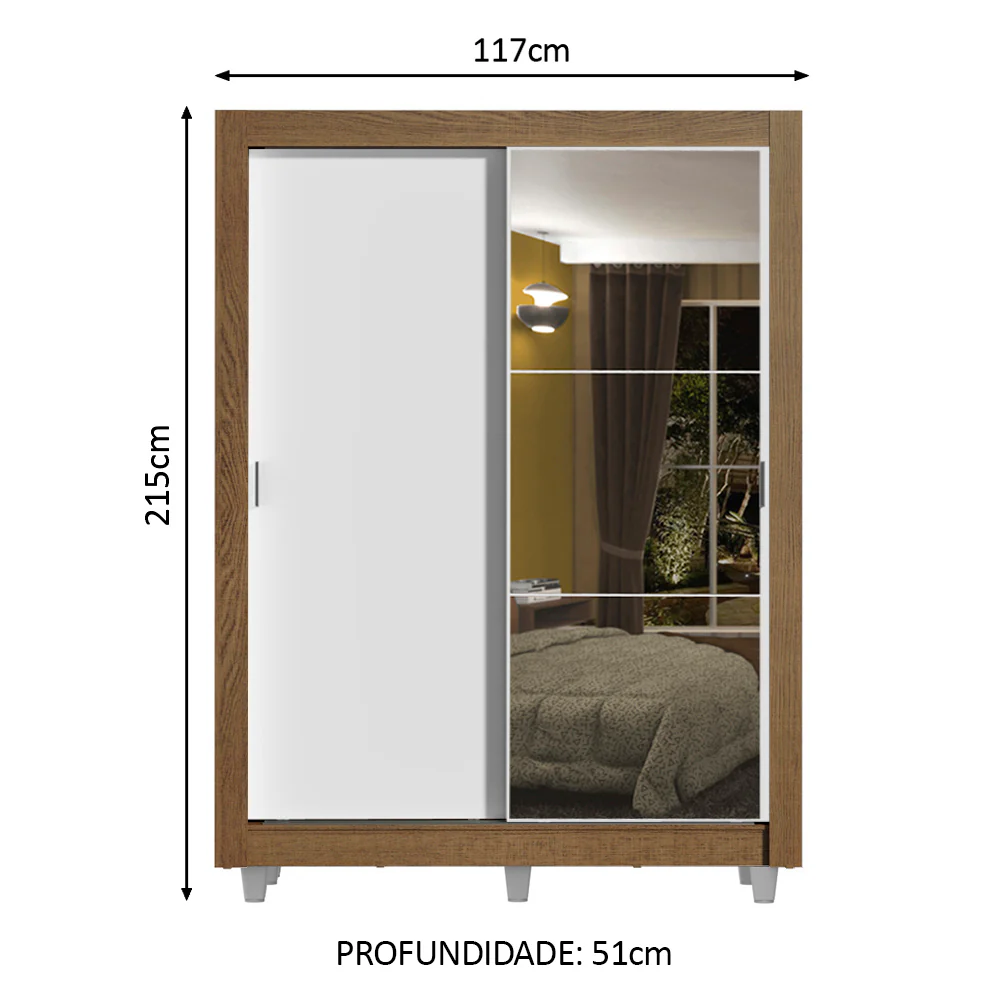 Guarda-Roupa Solteiro Madesa Dallas Plus 2 Portas de Correr com Espelho 4 Gavetas com Pés Rustic/Branco - Image 3
