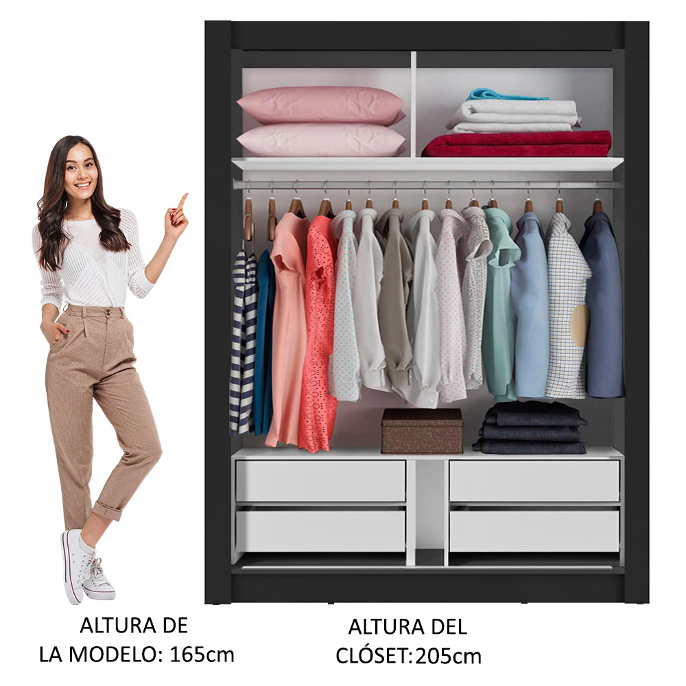 Guarda-Roupa Solteiro Madesa Dallas Plus 2 Portas de Correr com Espelho 4 Gavetas Preto - Image 5