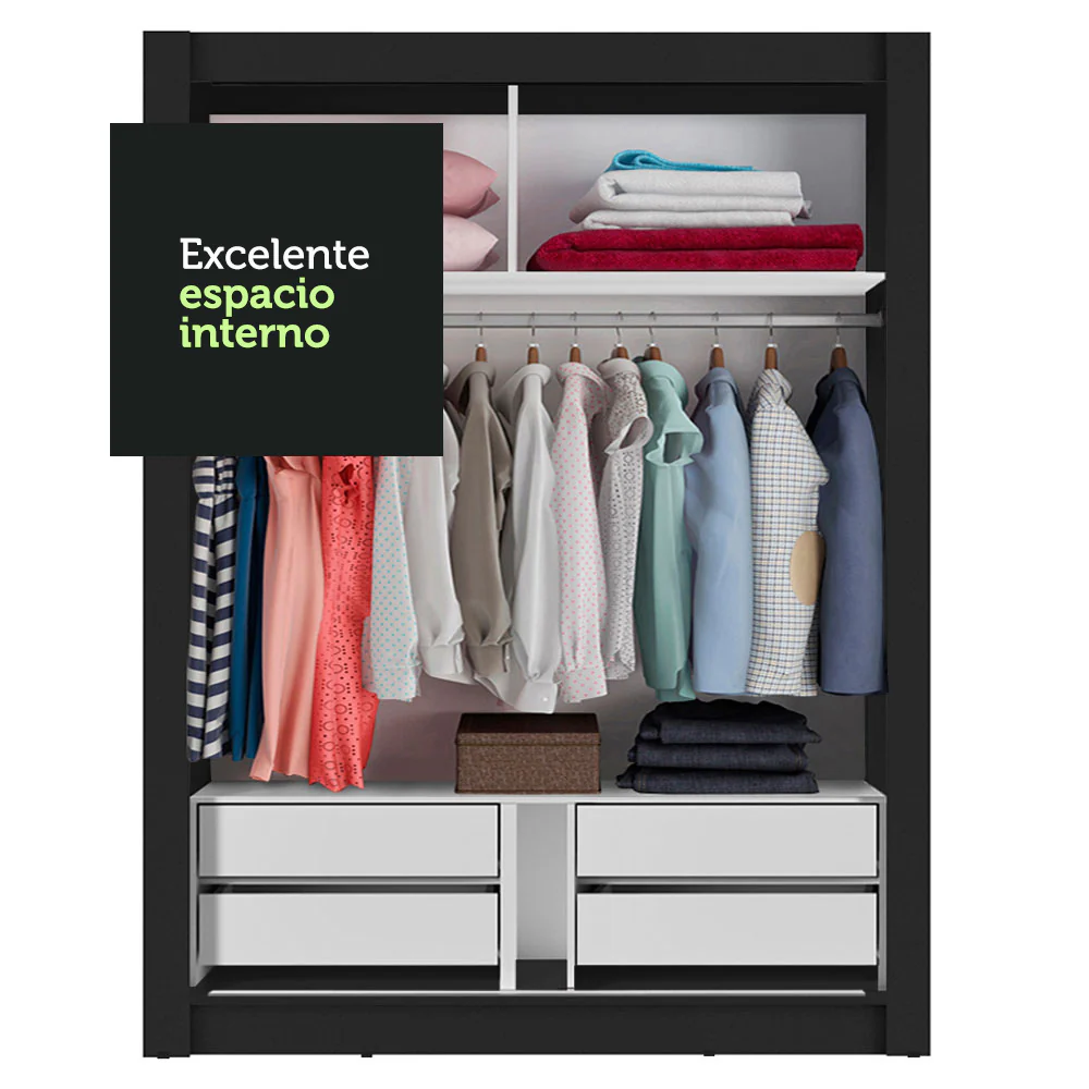 Guarda-Roupa Solteiro Madesa Dallas Plus 2 Portas de Correr com Espelho 4 Gavetas Preto - Image 7
