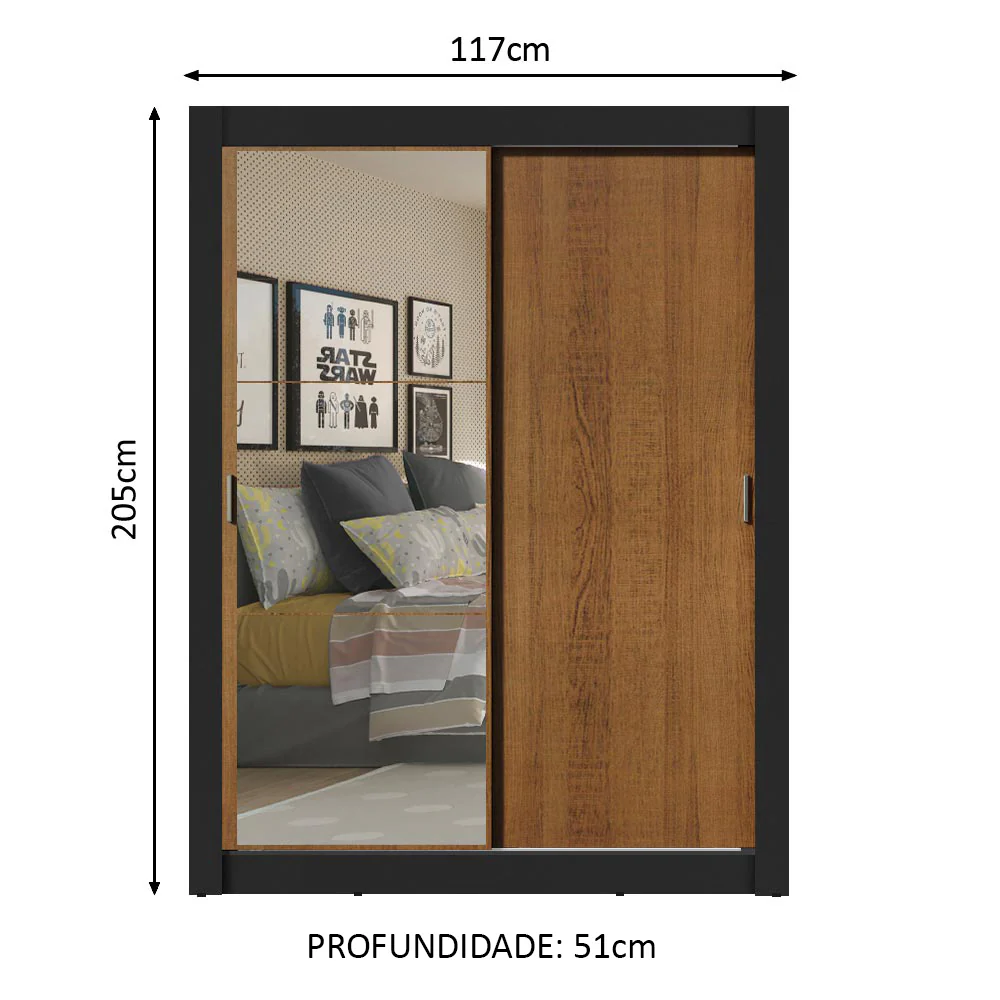 Guarda-Roupa Solteiro Madesa Dallas Plus 2 Portas de Correr com Espelho 4 Gavetas Preto/Rustic - Image 3