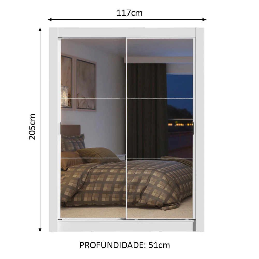 Guarda-Roupa Solteiro Madesa Dallas Plus 2 Portas de Correr de Espelho 4 Gavetas Branco - Image 3