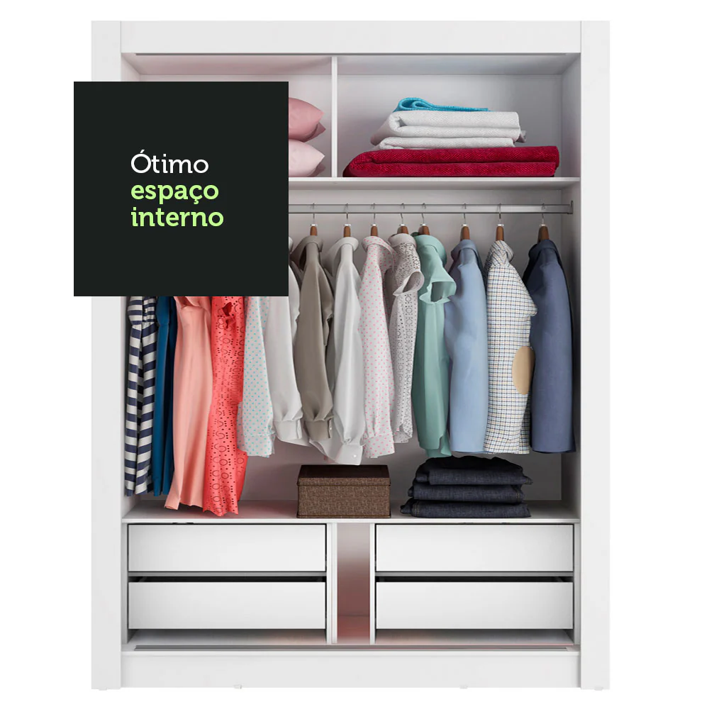 Guarda-Roupa Solteiro Madesa Dallas Plus 2 Portas de Correr de Espelho 4 Gavetas Branco - Image 8