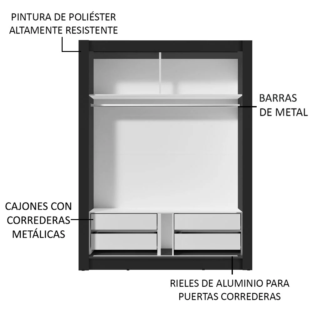 Guarda-Roupa Solteiro Madesa Dallas Plus 2 Portas de Correr de Espelho 4 Gavetas Preto - Image 6