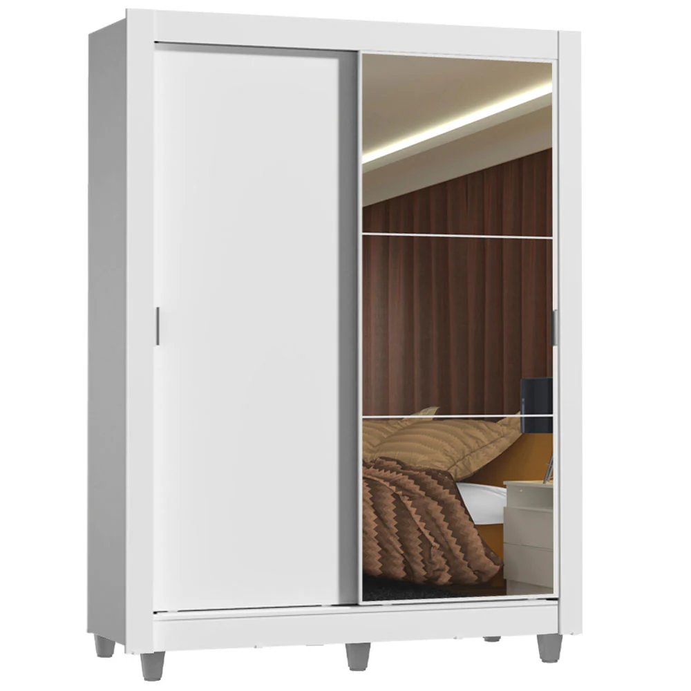 Guarda-Roupa Solteiro Madesa Denver 2 Portas de Correr com Espelho com Pés Branco - Image 2
