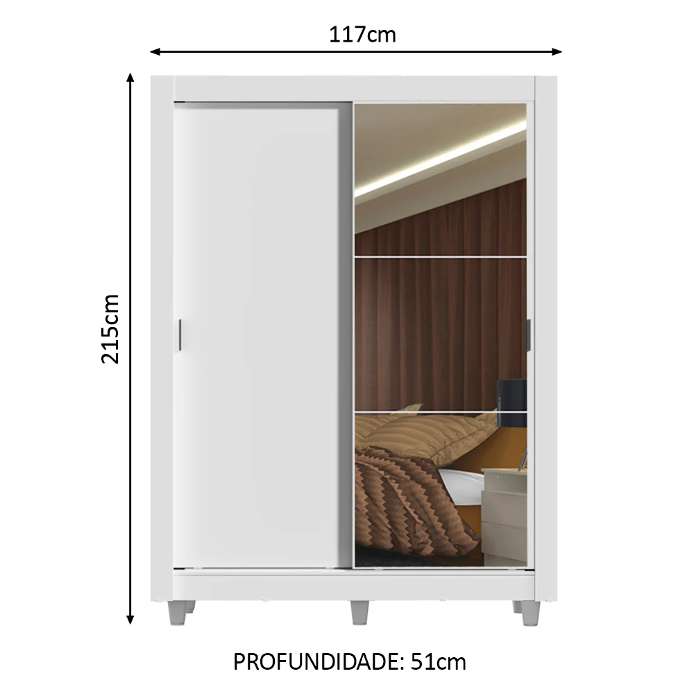 Guarda-Roupa Solteiro Madesa Denver 2 Portas de Correr com Espelho com Pés Branco - Image 3