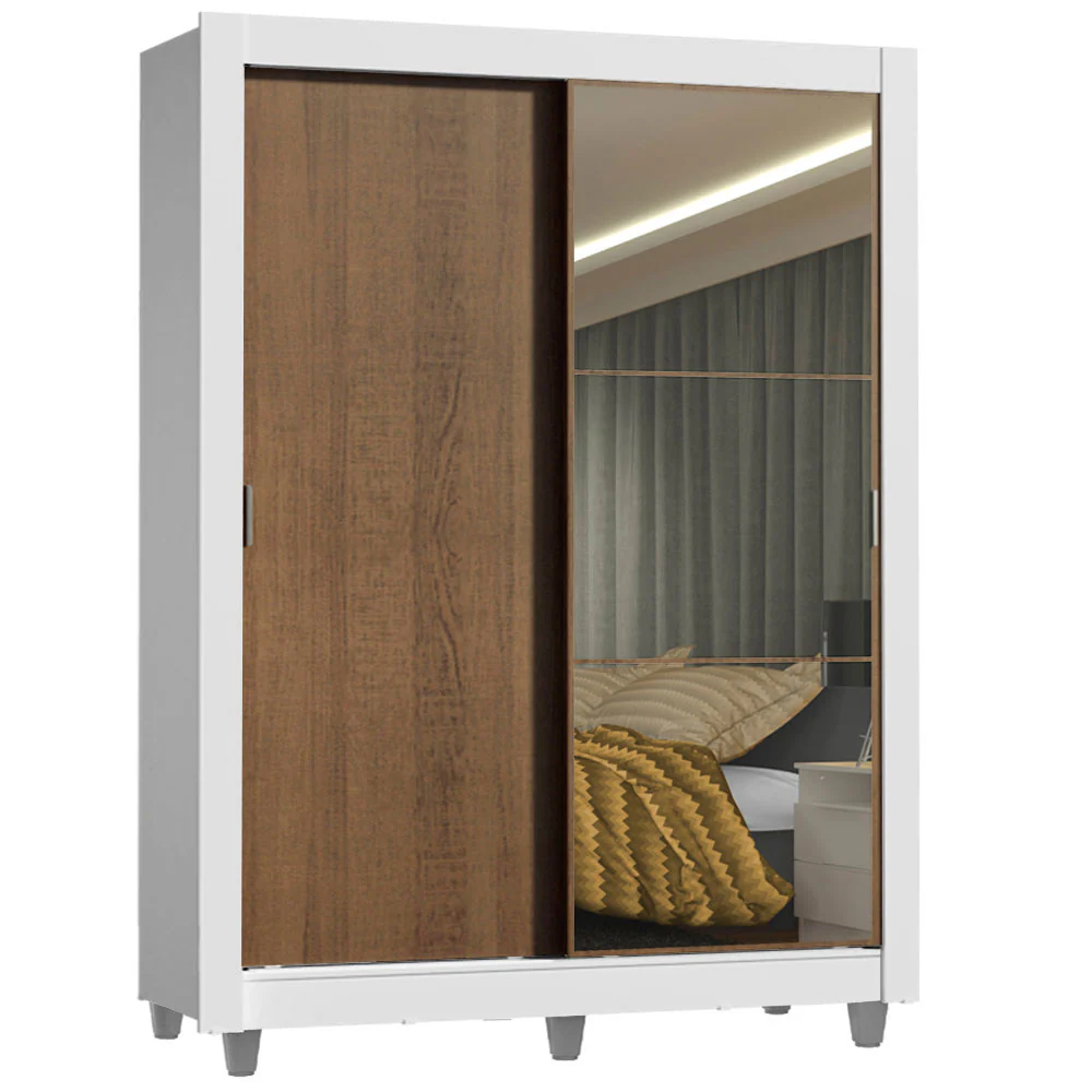 Guarda-Roupa Solteiro Madesa Denver 2 Portas de Correr com Espelho com Pés Branco/Rustic - Image 3