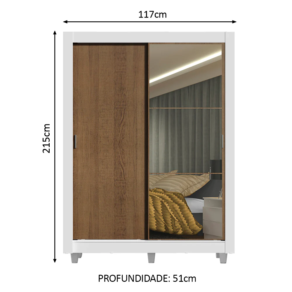 Guarda-Roupa Solteiro Madesa Denver 2 Portas de Correr com Espelho com Pés Branco/Rustic - Image 4