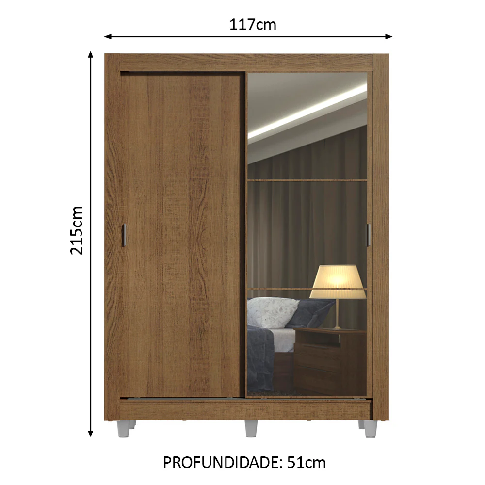 Guarda-Roupa Solteiro Madesa Denver 2 Portas de Correr com Espelho com Pés Rustic - Image 4