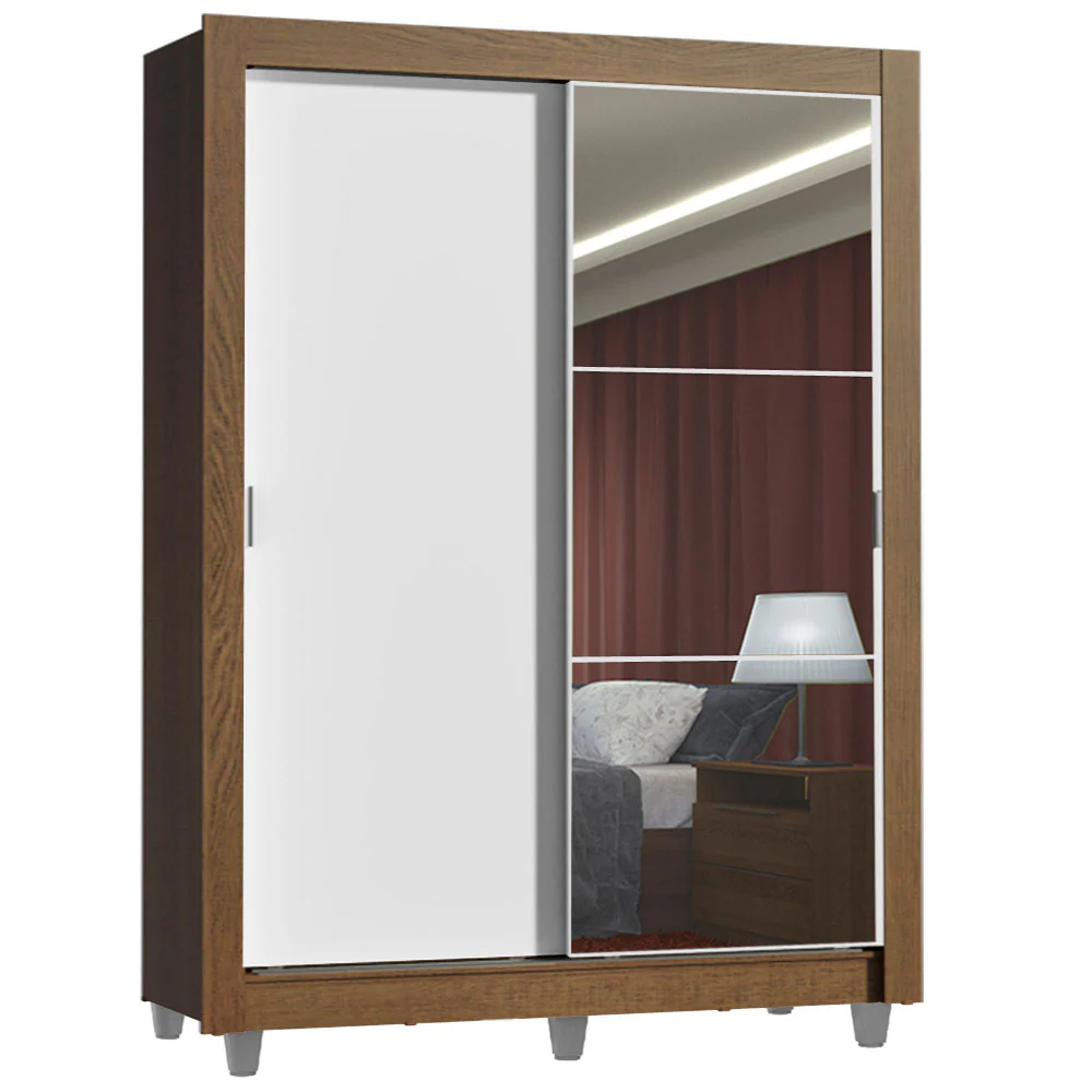 Guarda-Roupa Solteiro Madesa Denver 2 Portas de Correr com Espelho com Pés Rustic/Branco - Image 2