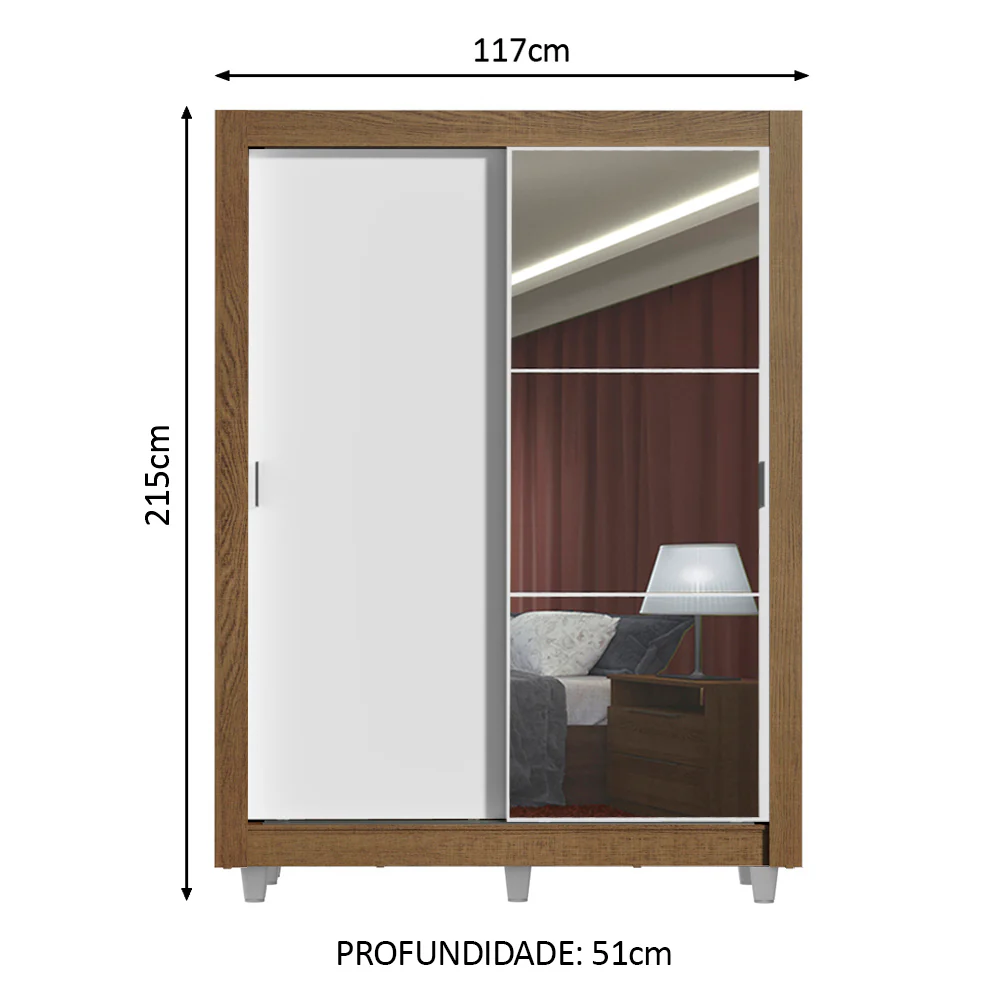 Guarda-Roupa Solteiro Madesa Denver 2 Portas de Correr com Espelho com Pés Rustic/Branco - Image 3