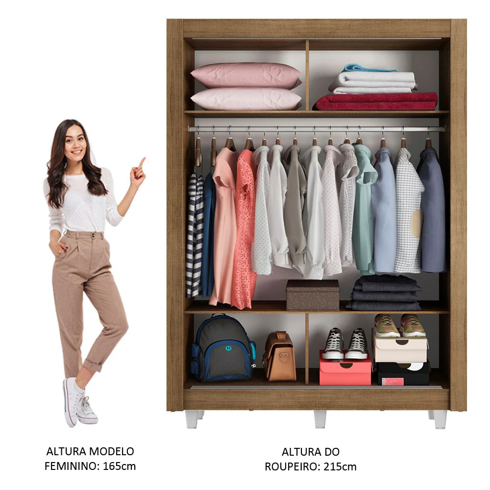 Guarda-Roupa Solteiro Madesa Denver 2 Portas de Correr com Espelho com Pés Rustic/Branco - Image 4