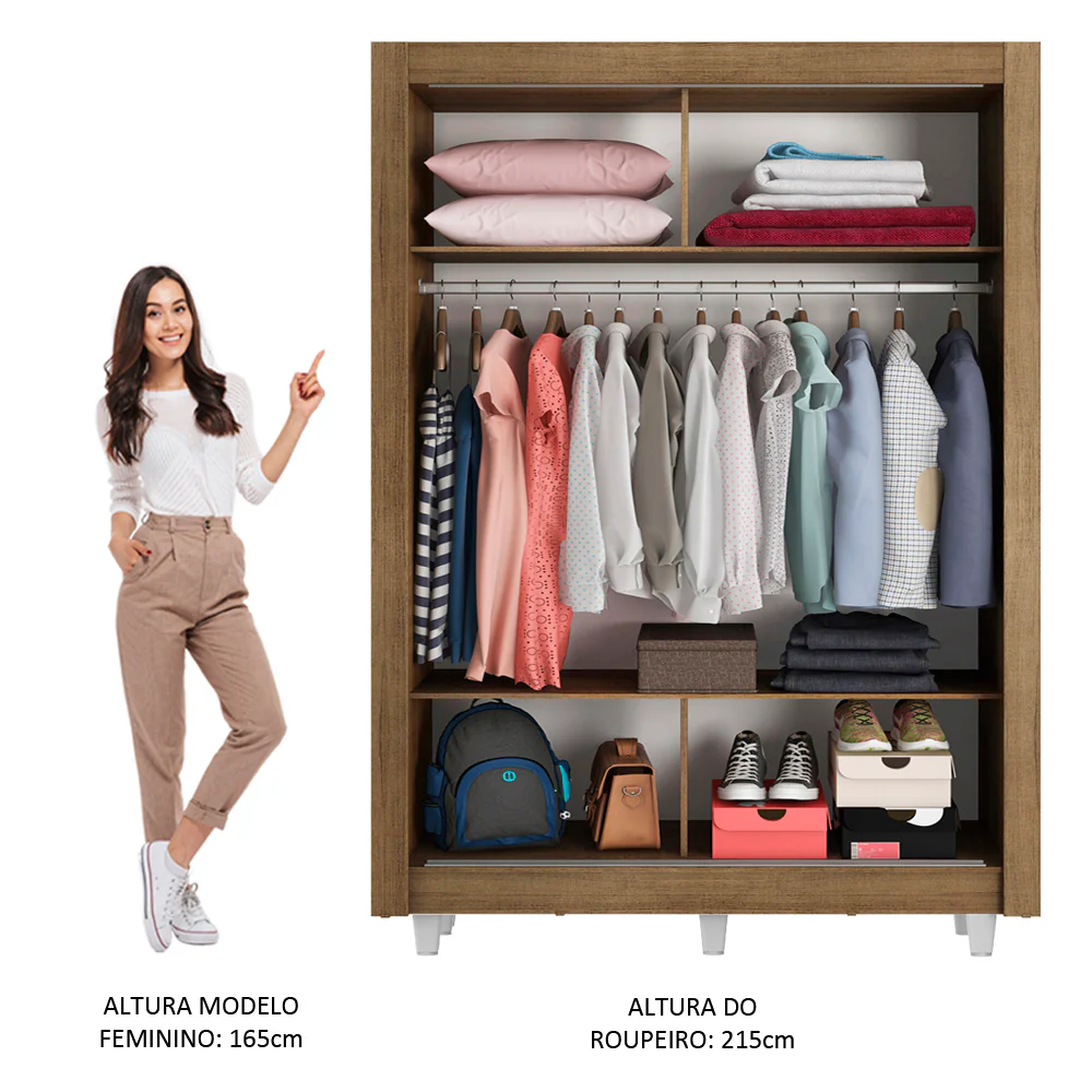 Guarda-Roupa Solteiro Madesa Denver 2 Portas de Correr com Espelho com Pés Rustic/Branco - Image 5