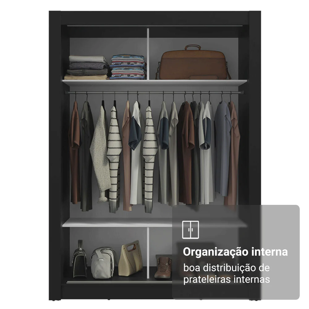 Guarda-Roupa Solteiro 2 Portas de Correr com Espelho Preto Madesa Denver - Image 7