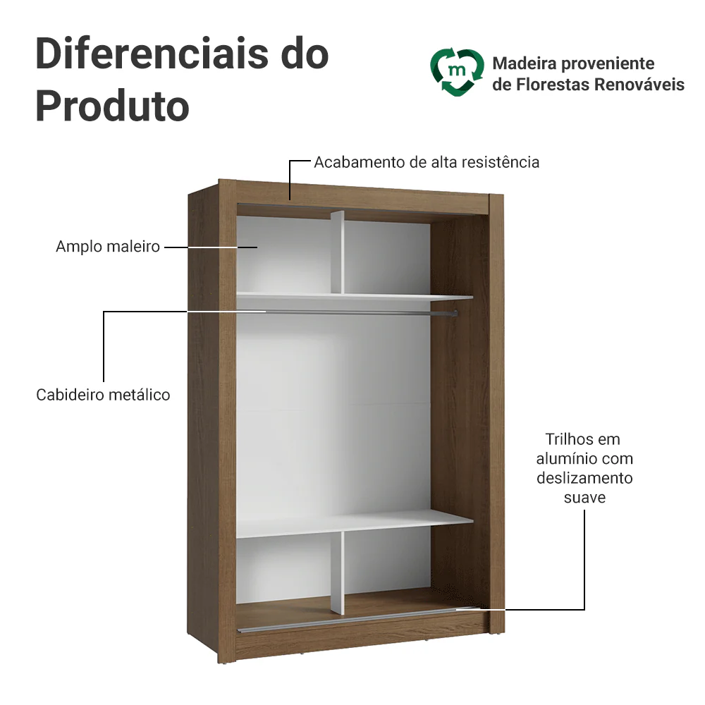 Guarda-Roupa Solteiro 2 Portas de Correr com Espelho Rustic Madesa Denver - Image 4