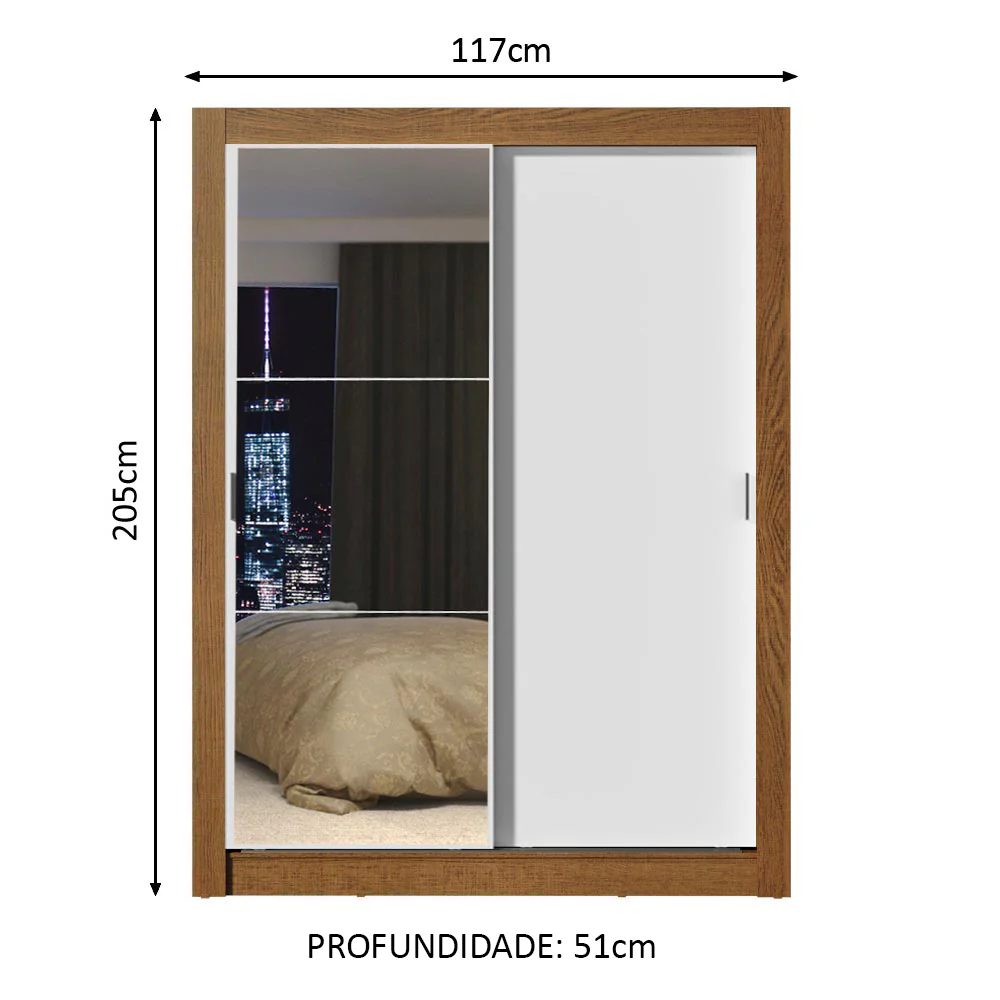 Guarda-Roupa Solteiro Madesa Denver 2 Portas de Correr com Espelho Rustic/Branco - Image 3