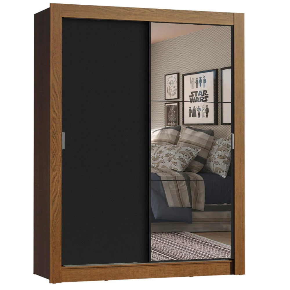 Guarda-Roupa Solteiro Madesa Denver 2 Portas de Correr com Espelho Rustic/Preto - Image 2