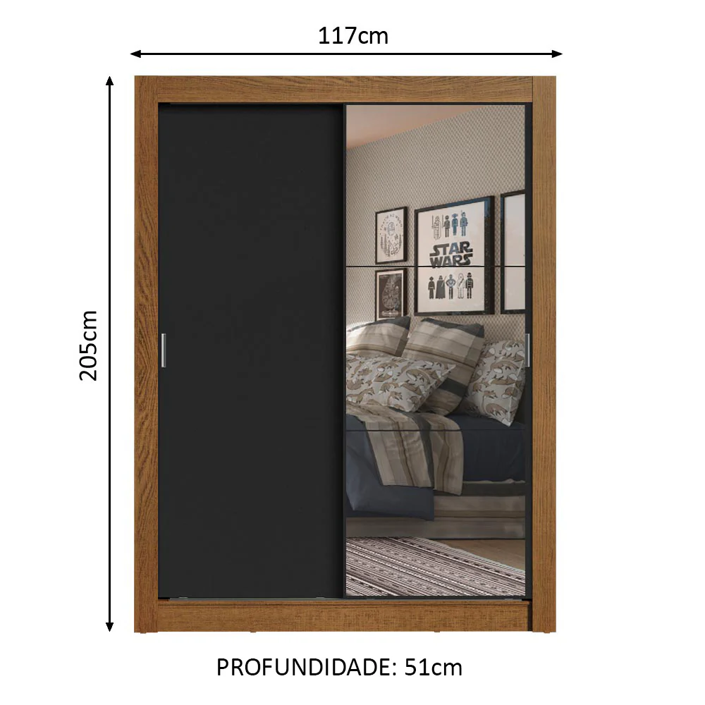 Guarda-Roupa Solteiro Madesa Denver 2 Portas de Correr com Espelho Rustic/Preto - Image 3