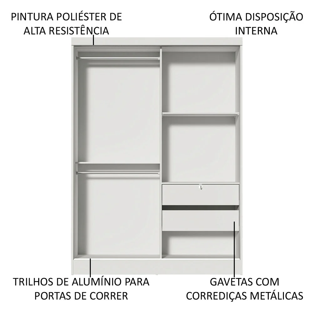 Guarda-Roupa Solteiro Madesa Luke 2 Portas de Correr com Espelho Branco - Image 6