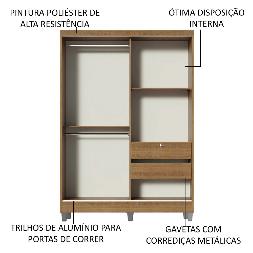 Guarda-Roupa Solteiro Madesa Luke 2 Portas de Correr com Espelho com Pés Rustic - Image 5