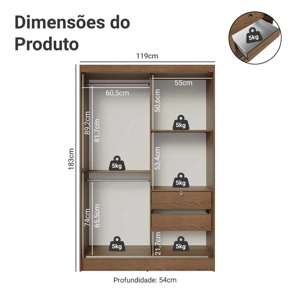Guarda-Roupa Solteiro Madesa Luke 2 Portas de Correr com Espelho Rustic - Image 4